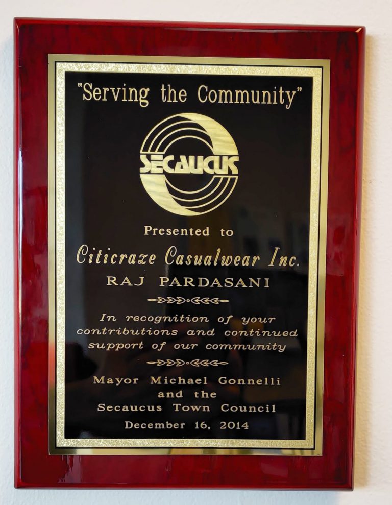 'Serving the Community' plaque presented to Raj Pardasani by Mayor Michael Gonnelli and the Secaucus Town Council, December 2014