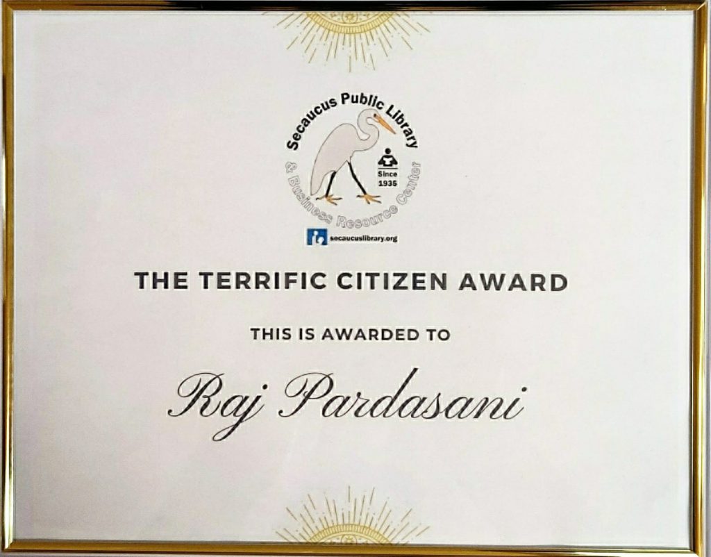The Terrific Citizen Award presented to Raj Pardasani by the Secaucus Public Library