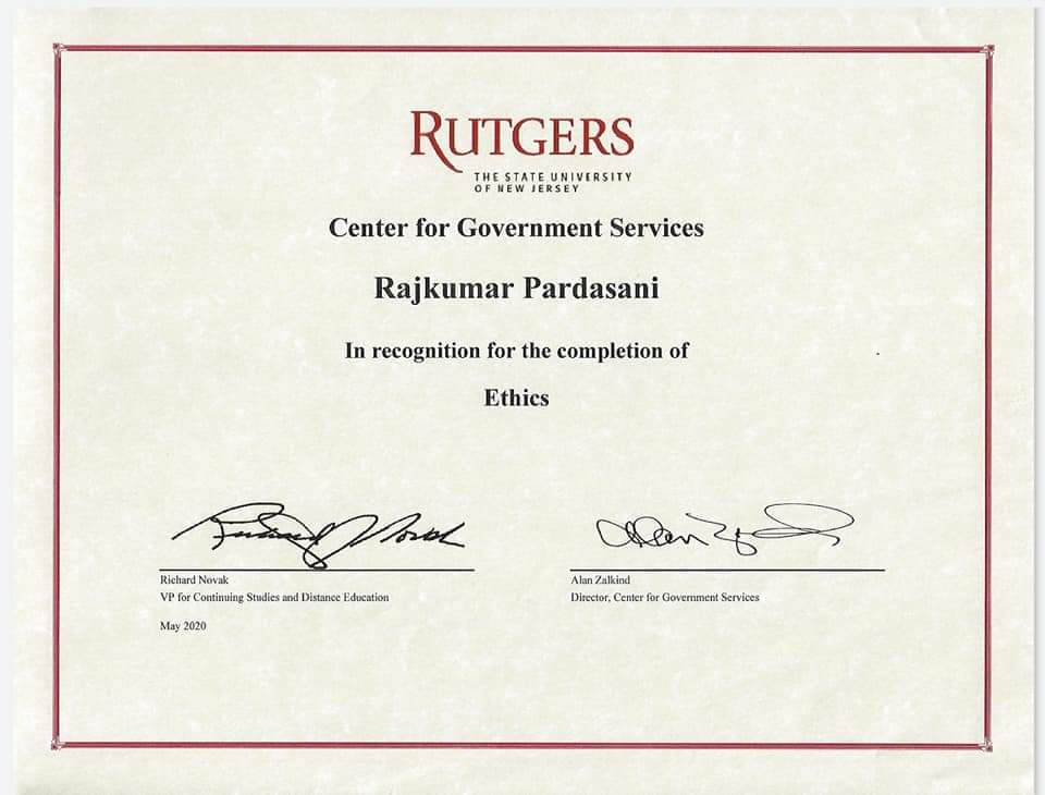 Rutgers Center for Government Services certificate in Ethics awarded to Rajkumar Pardasani, May 2020