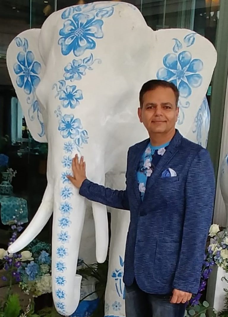 Raj Pardasani in a blue checked blazer, smiling beside a hand-painted elephant statue